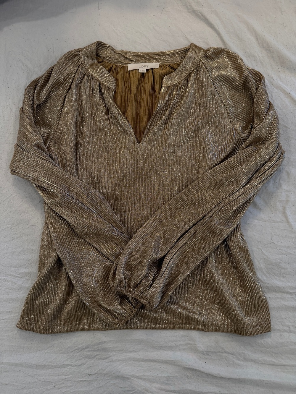 LOFT Shimmery Metallic Taupe V-Neck Long-Sleeve Blouse